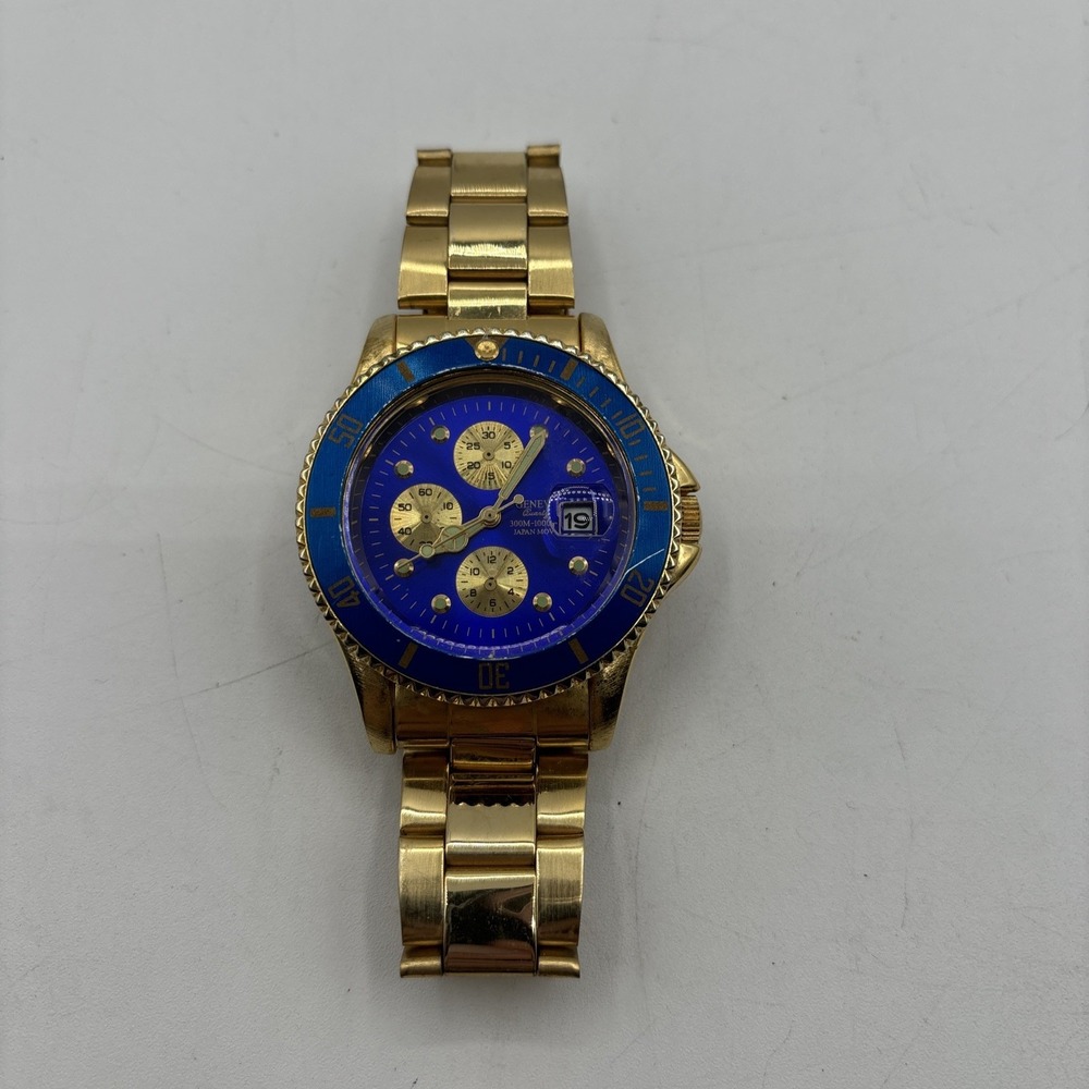 VTG Geneva Quartz Watch Men Gold Tone Blue Japan Movt Needs Battery